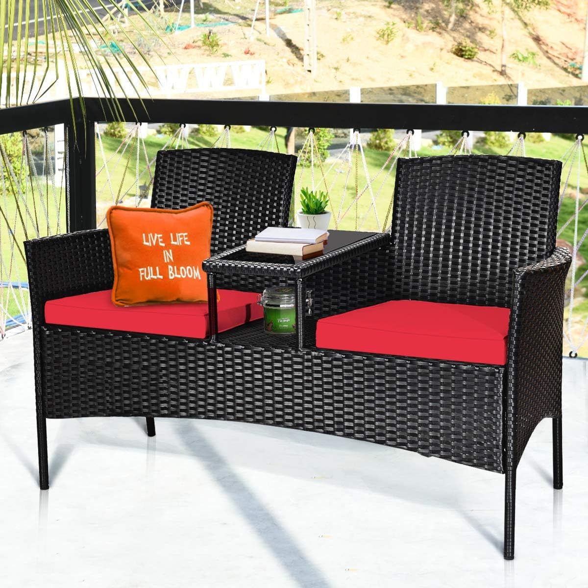 Wicker Patio Conversation Furniture Set, Outdoor Furniture Set with Removable Cushions & Table, Tempered Glass Top, Modern Rattan Bench for Garden Lawn Backyard-1