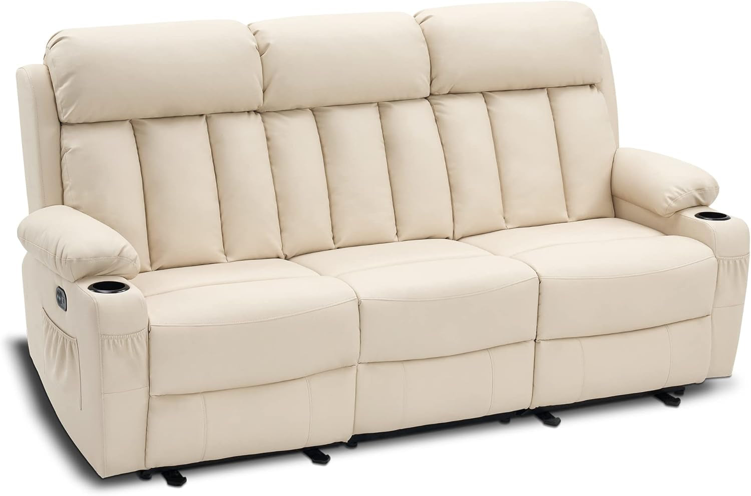 Power Reclining Sofa with Heat and Vibration,Usb Ports, Cup Holders,3-Seat Dual Recliner Sofa for Living Room 6077(Cream White, Reclining Sofa)-0