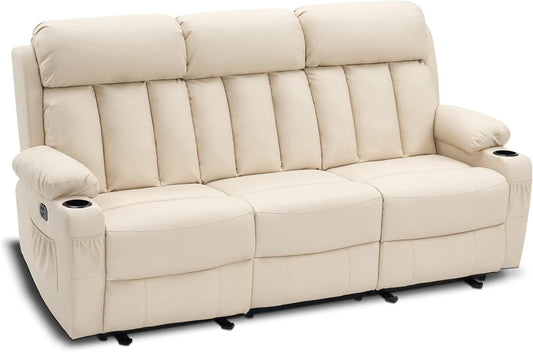 Power Reclining Sofa with Heat and Vibration,Usb Ports, Cup Holders,3-Seat Dual Recliner Sofa for Living Room 6077(Cream White, Reclining Sofa)-0