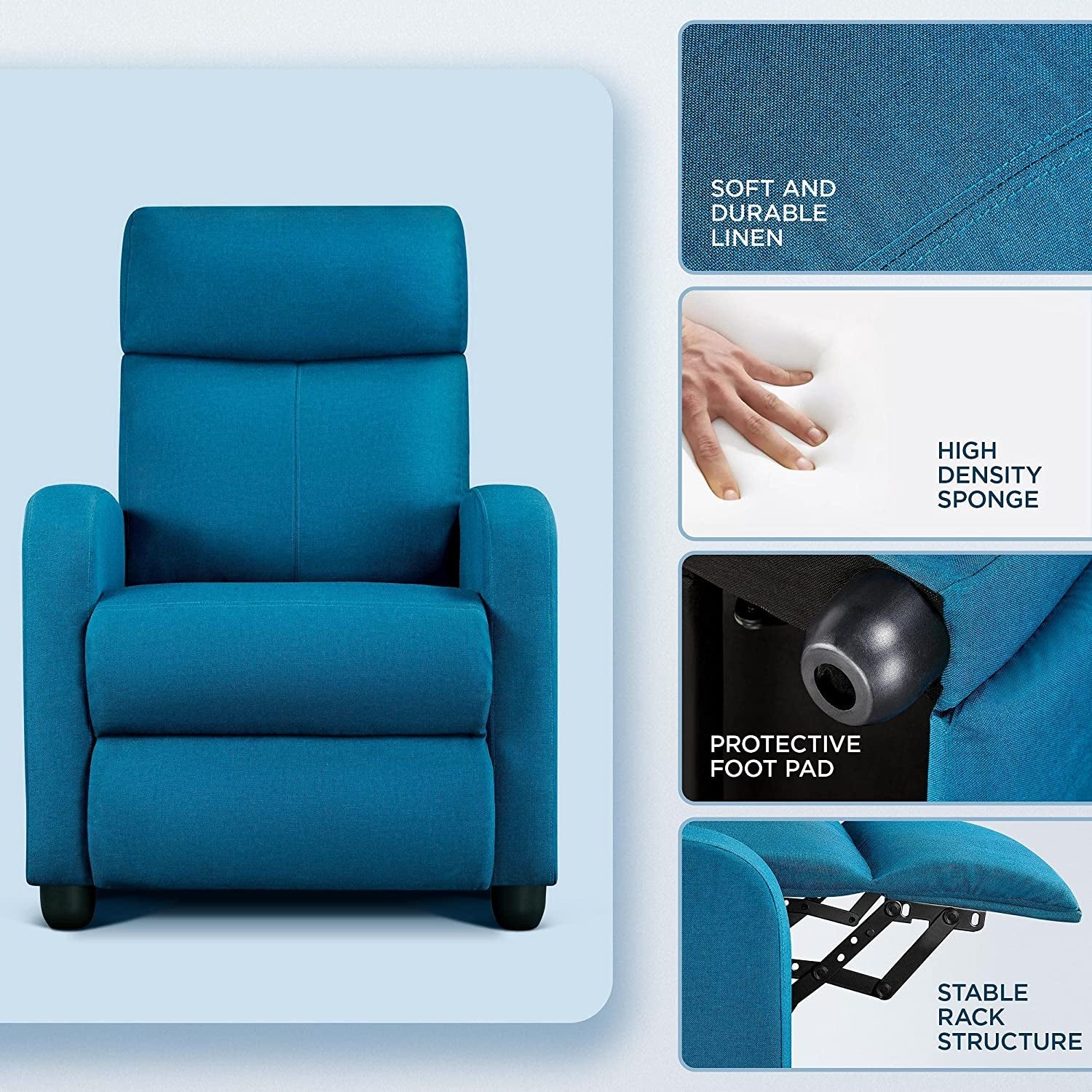 Fabric Pushback Recliner Chair, Blue-4