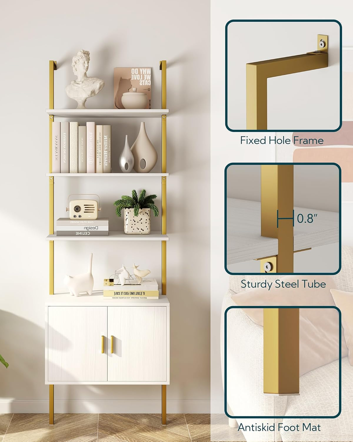 73" Tall Bookshelf with Cabinet, Industrial Ladder Wall Mount Shelf Bookcase with Wood and Metal Frame, Plant Shelf Wall Storage Display for Living Room Bedroom, White Gold-4