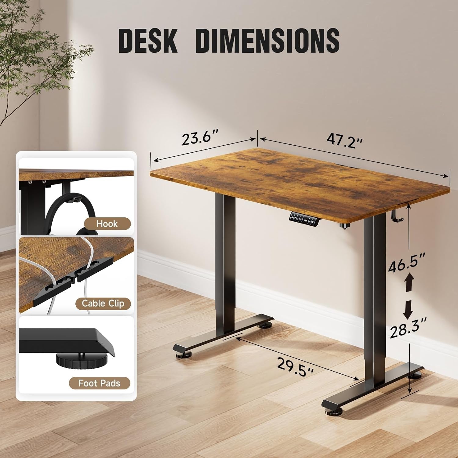 47.2 Inch Electric Standing Desk, Height Adjustable Sit Stand Up, Cable Clip, Wood Desktop, Work Home Office Computer PC Table, Writing Study Rising Desks, Brown-2