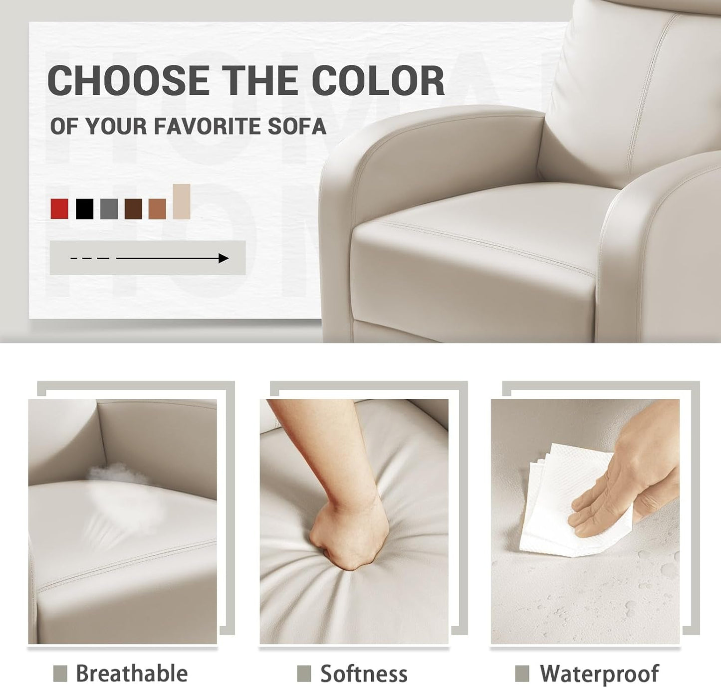 Recliner Chair, Recliner Sofa for Adults, Recliners Home Theater Seating with Lumbar Support, Reclining Sofa Chair for Living Room (Leather, Beige)-4