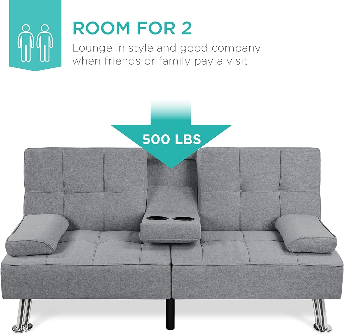 Linen Modern Folding Futon, Reclining Sofa Bed for Apartment, Dorm W/Removable Armrests, 2 Cupholders - Gray-4