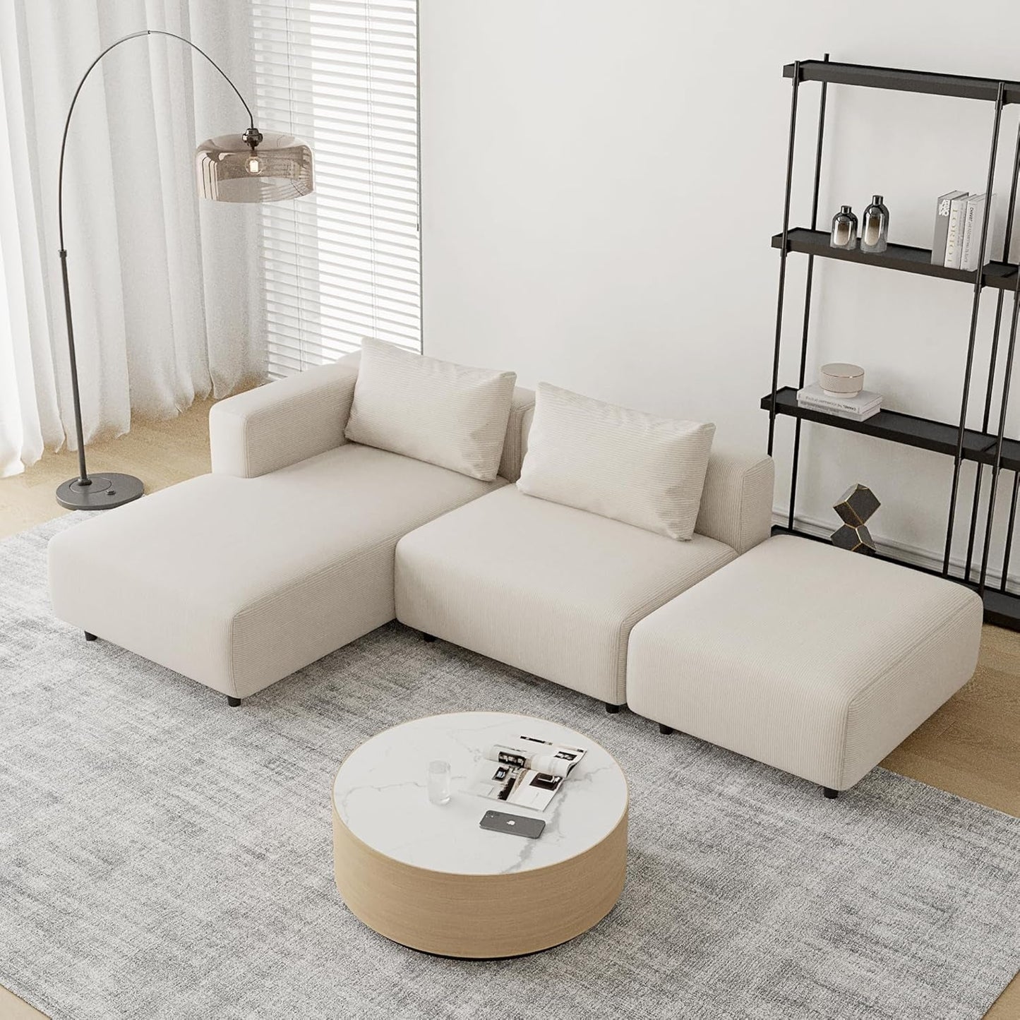 Soft Corduroy Sectional Modular Sofa Set, Modern L-Shaped Chaise Couch for Living Room, Apartment, Office, Small Spaces, Cream-3