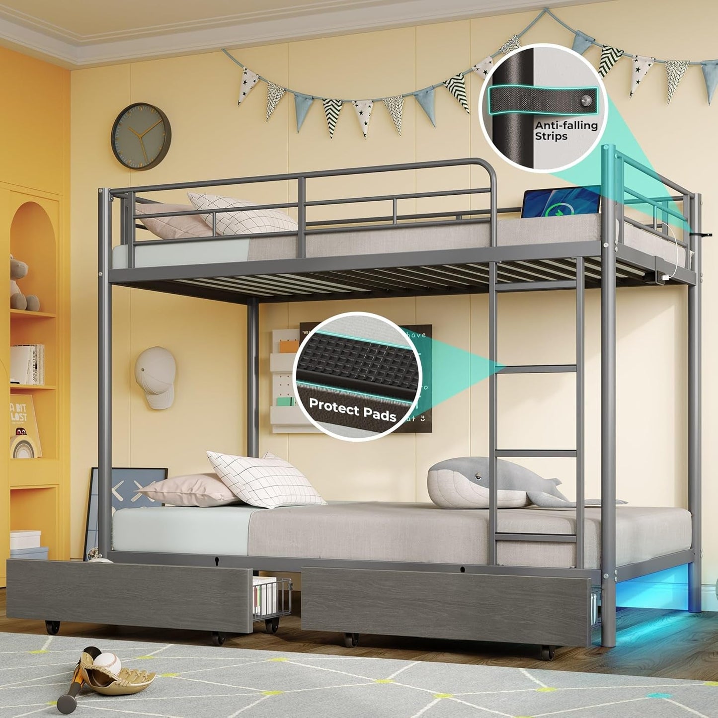 Metal Bunk Bed Twin over Twin with USB Charging Station, LED Bunk Bed with 2 Storage Drawers, Bed with Safety Guardrail & Ladders, No Box Spring Needed, Easy Assembly, Grey-1
