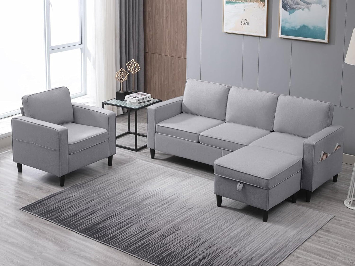 Convertible Sofa Set | Linen Upholstered Sectional Sofa with Storage Ottoman | Modern Living Room Couch with Side Pockets (Light Grey)-0
