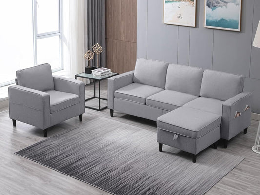 Convertible Sofa Set | Linen Upholstered Sectional Sofa with Storage Ottoman | Modern Living Room Couch with Side Pockets (Light Grey)-0