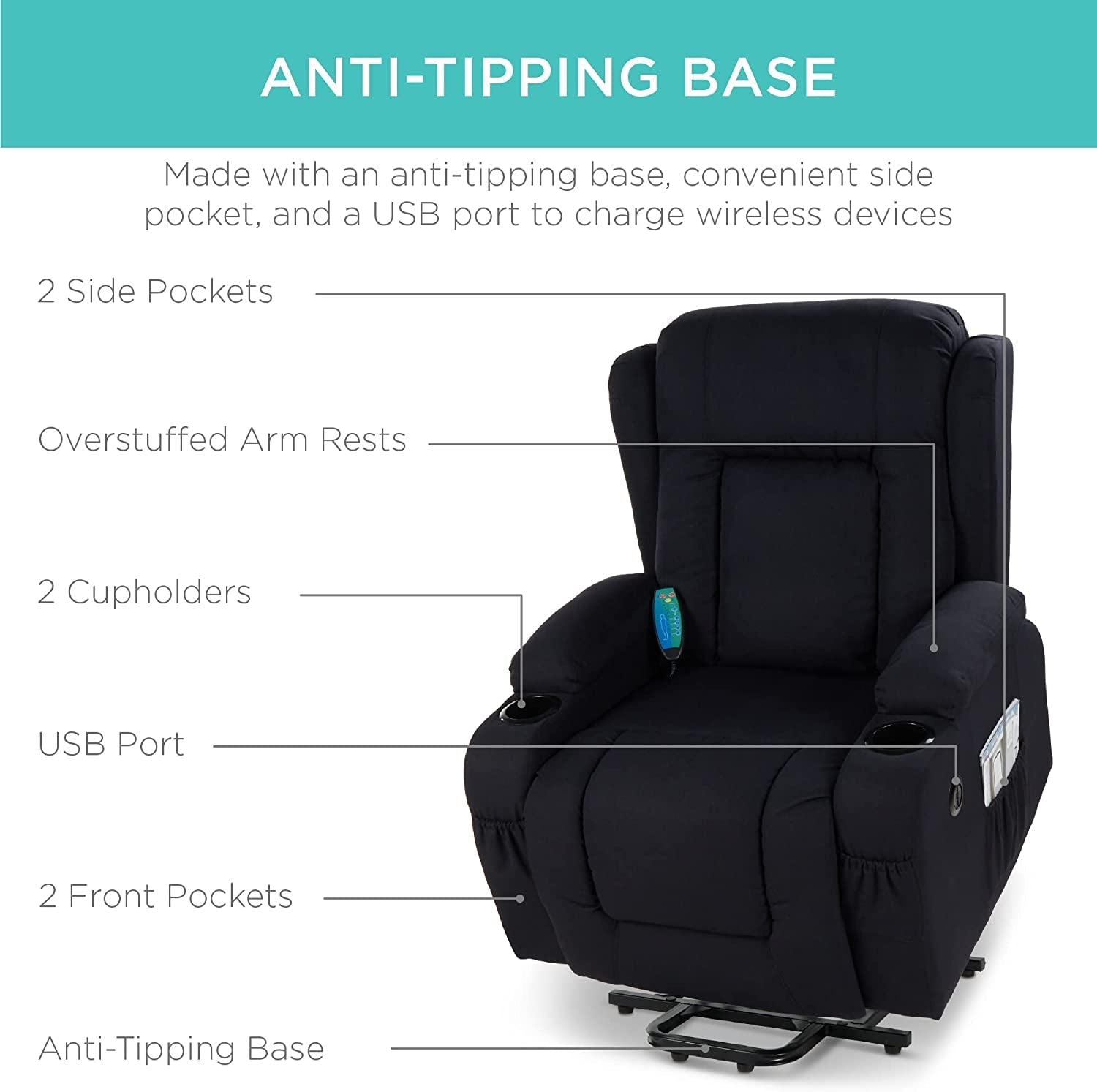 Electric Power Lift Linen Recliner Massage Chair (Black)-4