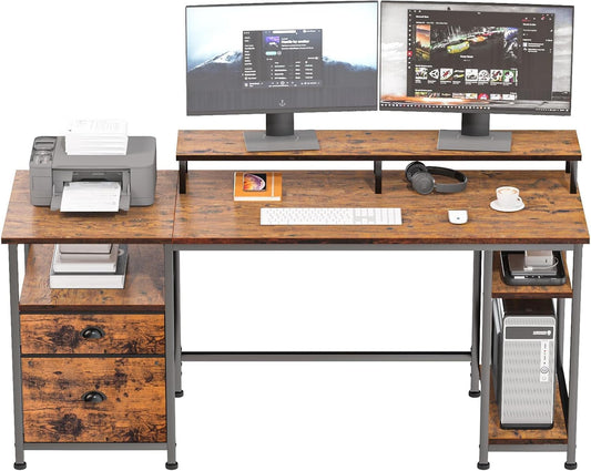 61" Desk with Fabric File Drawer, Reversible Computer Desk with Shelves and Drawer, Industrial Writing Desk with Monitor Stand, Long Study Table Workstation for Home Office, Rustic Brown-0