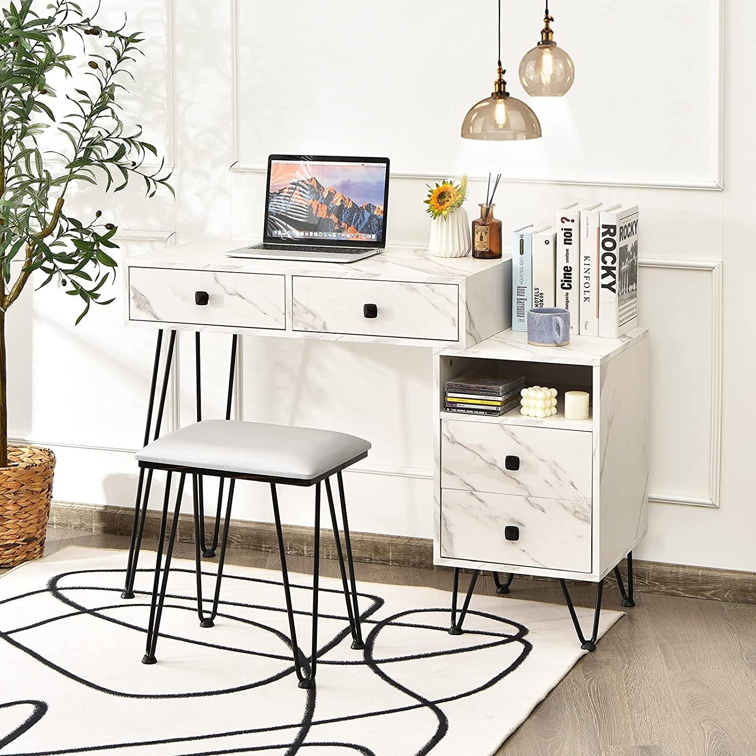 Vanity Set with Lighted Mirror, Left or Right Side Cabinet (Marble White)-0