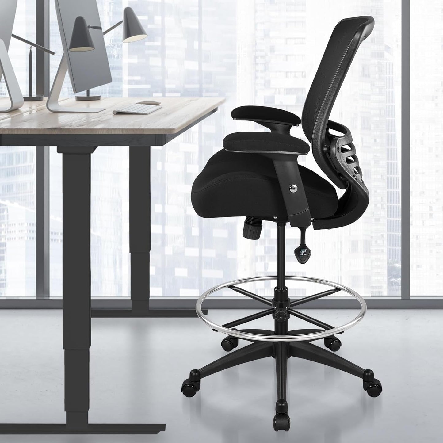 400Lbs Mesh Ergonomic Office Drafting Chair Big Adjustable Foot Ring Height Adjustable Armrest(Black)-3