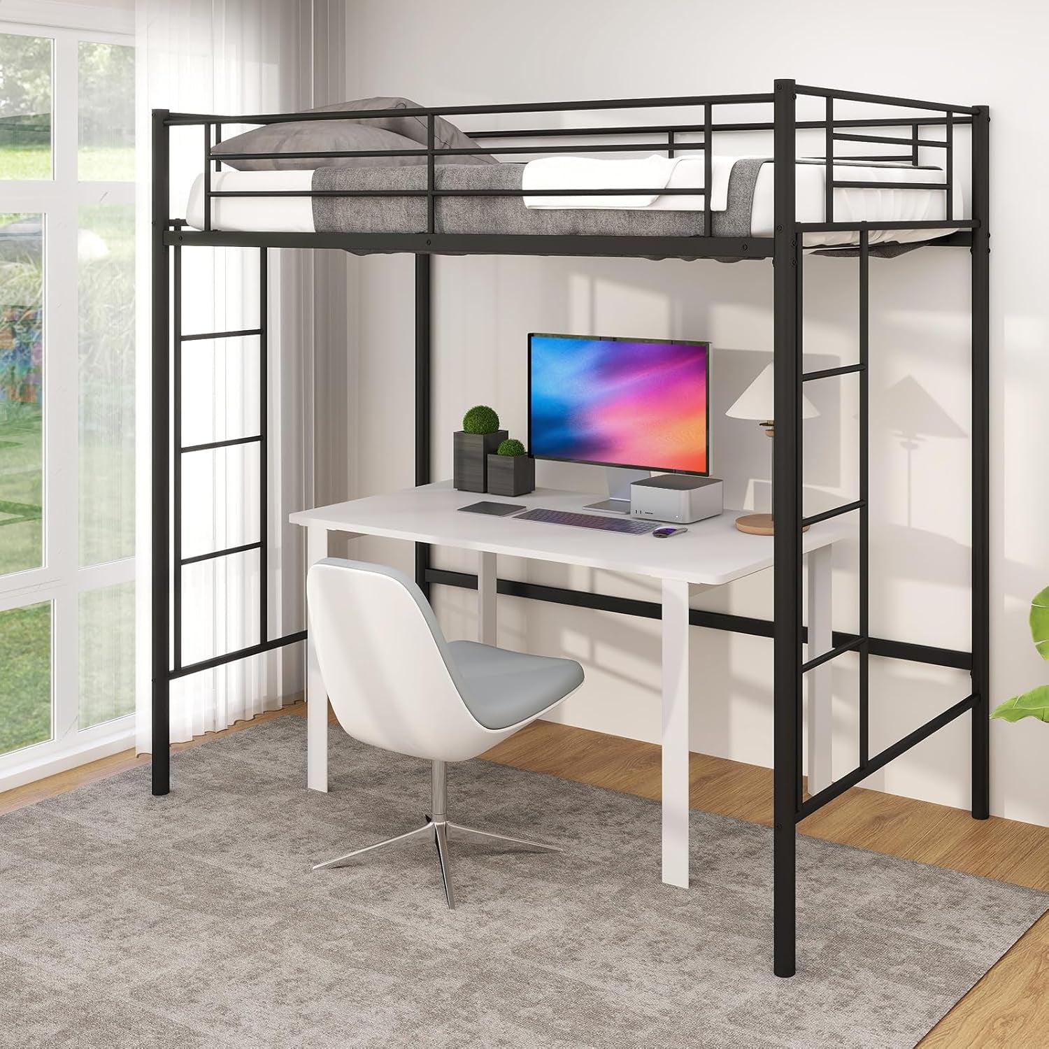 Loft Bed Twin Size, Metal Bedframe with Dual Ladders and Safety Guardrail, Heavy Duty Twin Loft Bunk Beds Frame for Juniors Teens Adults, Noise-Free, Space-Saving, No Box Spring Needed (Black)-0