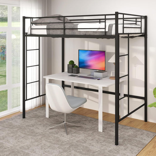 Loft Bed Twin Size, Metal Bedframe with Dual Ladders and Safety Guardrail, Heavy Duty Twin Loft Bunk Beds Frame for Juniors Teens Adults, Noise-Free, Space-Saving, No Box Spring Needed (Black)-0