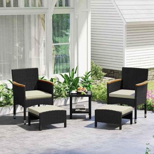 5 Piece Patio Conversation Set, Outdoor Wicker Bistro Furniture, PE Wicker Outdoor Rattan Chairs Set with Coffee Table for Porch, Poolside, Lawn, Garden, Balcony-1