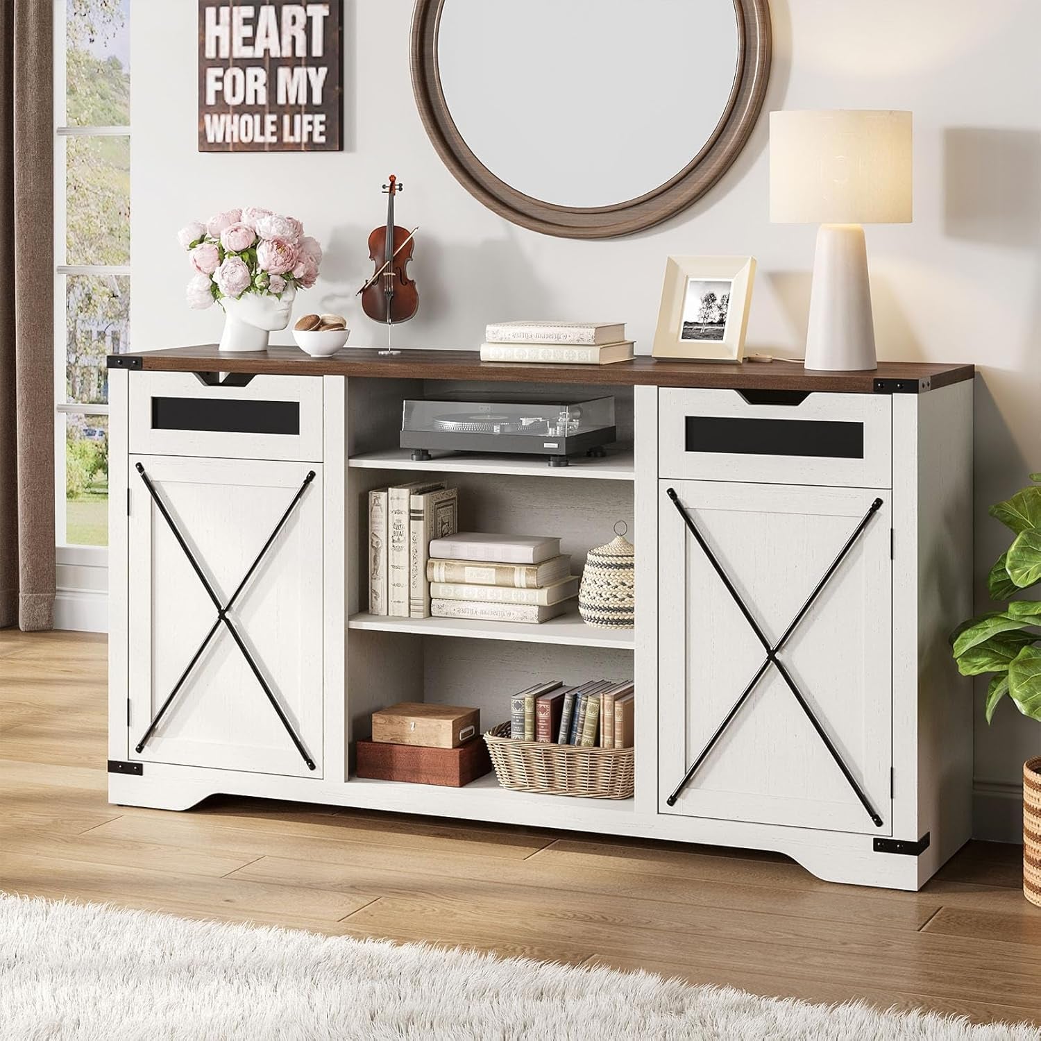 Tall TV Stand, White Entertainment Center with Storage Cabinets for 65 Inch TV, 60'' Modern Media Console Table with Drawers and Adjustable Shelves, Television Stands for Living Room-1