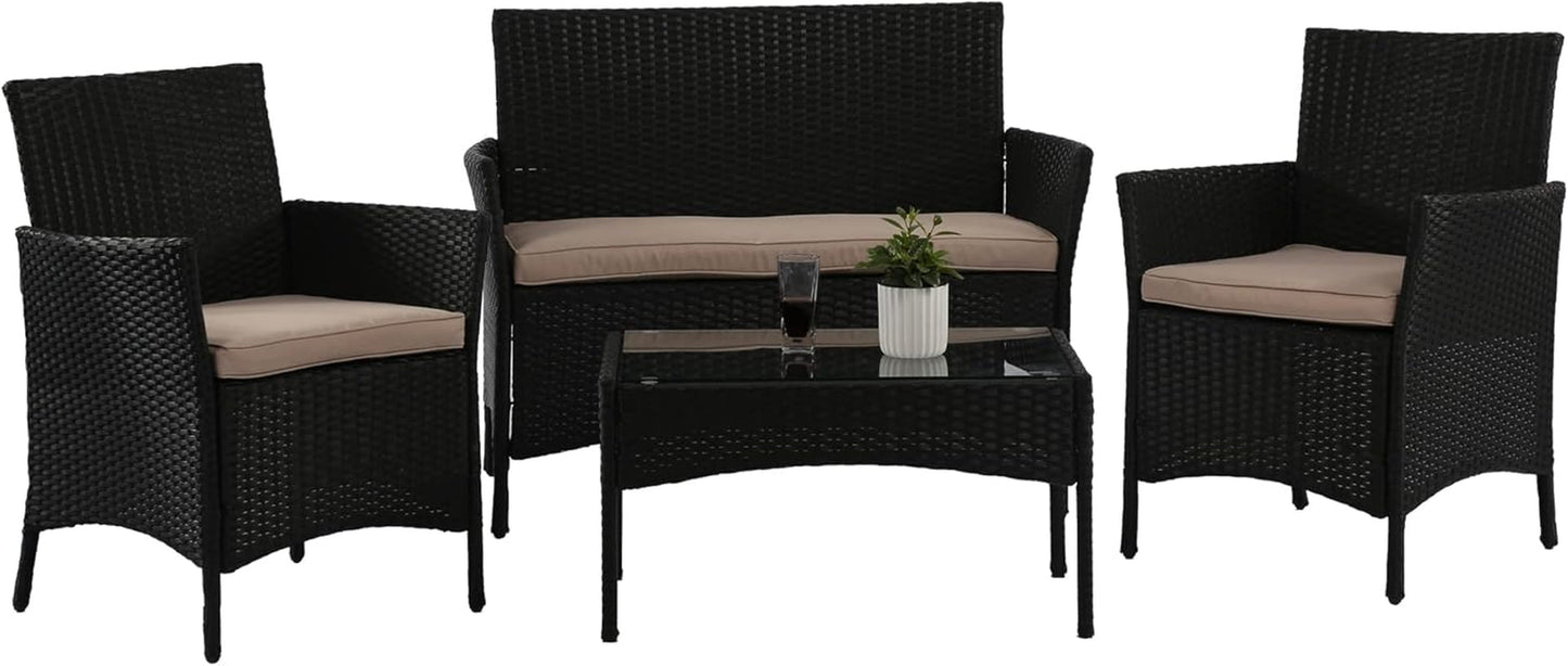 4 Pieces Patio Furniture Set Rattan outside Furniture Wicker Sofa Garden Conversation Sets with Soft Cushion and Glass Table for Yard Pool or Backyard,Black-1