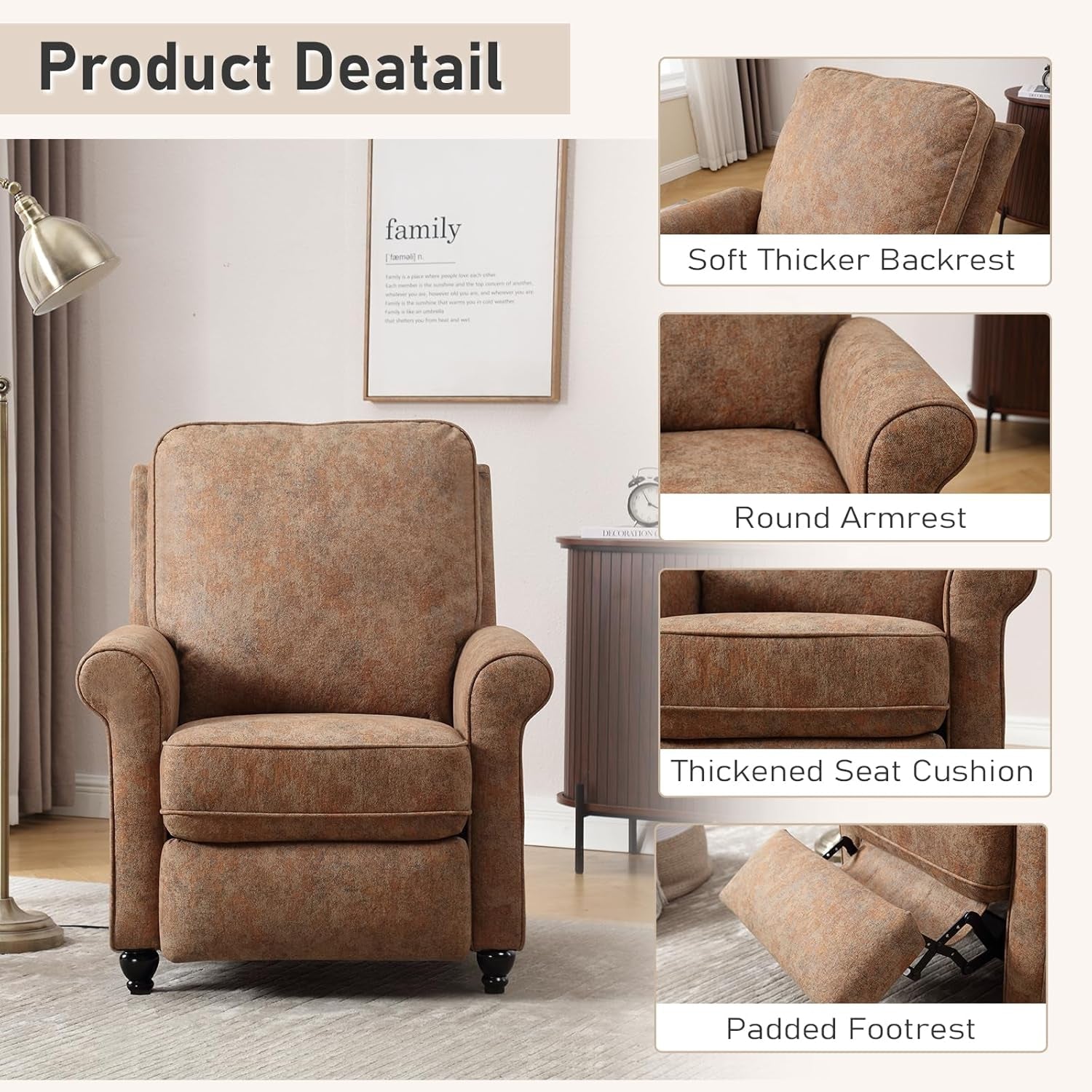 Push Back Recliner Chair, Textured Fabric Overstuffed Wingback Recliner, Adjustable Pushback Chair with Padded Seat and Back, Single Reclining Sofa for Living Room, Bedroom(Retro Brown)-3