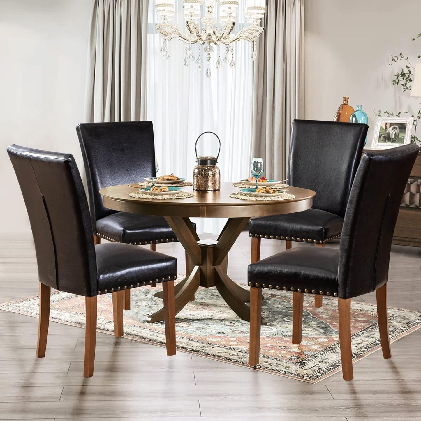 Parsons Dining Chairs Set of 4, Upholstered Nailhead PU Leather Dining Room Kitchen Side Chair with Thick Cushions and Wood Legs, Black-0