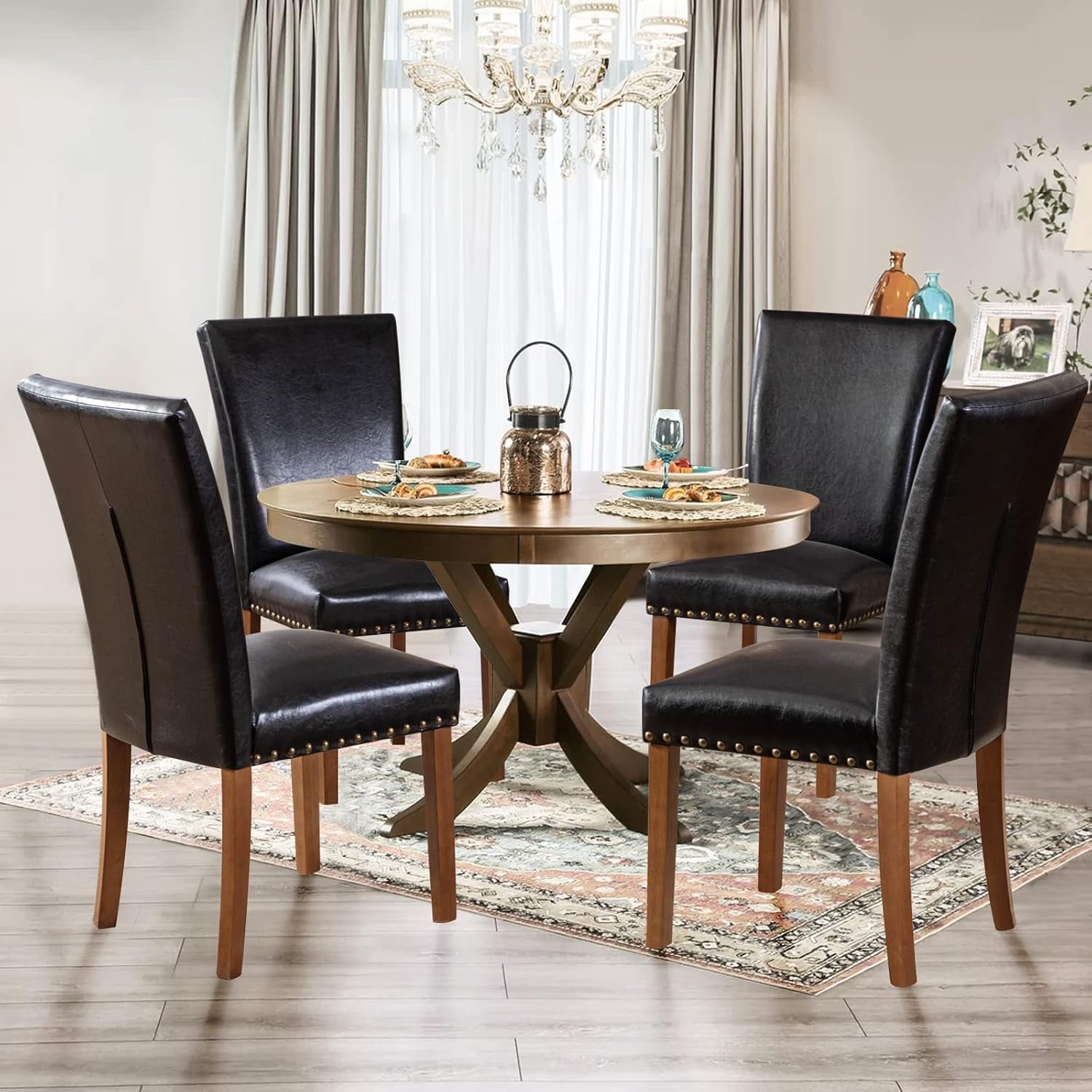 Parsons Dining Chairs Set of 4, Upholstered Nailhead PU Leather Dining Room Kitchen Side Chair with Thick Cushions and Wood Legs, Black-0