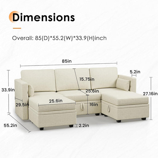 Beige Modular Sectional 5-Seat Chenille, Storage, Sleeper-1