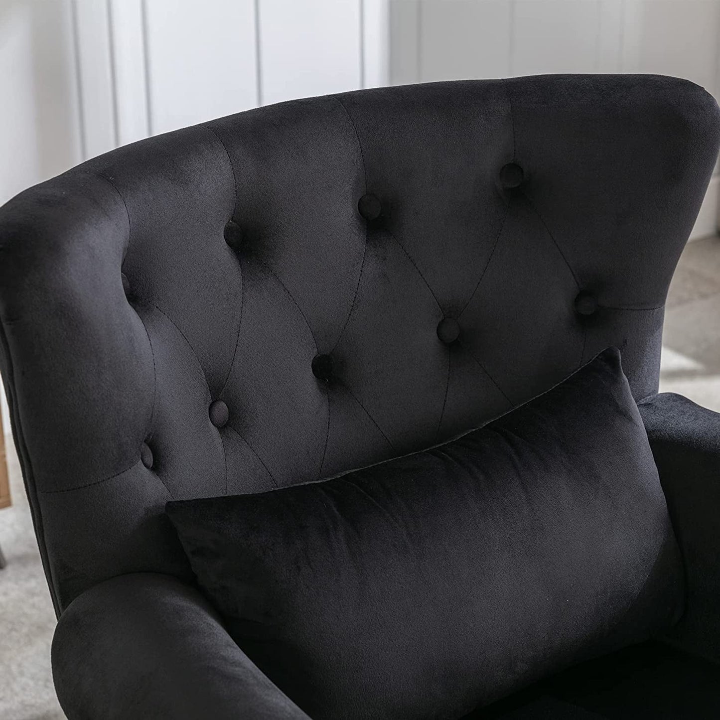 Black Velvet Wingback Chair with Ottoman Set-4