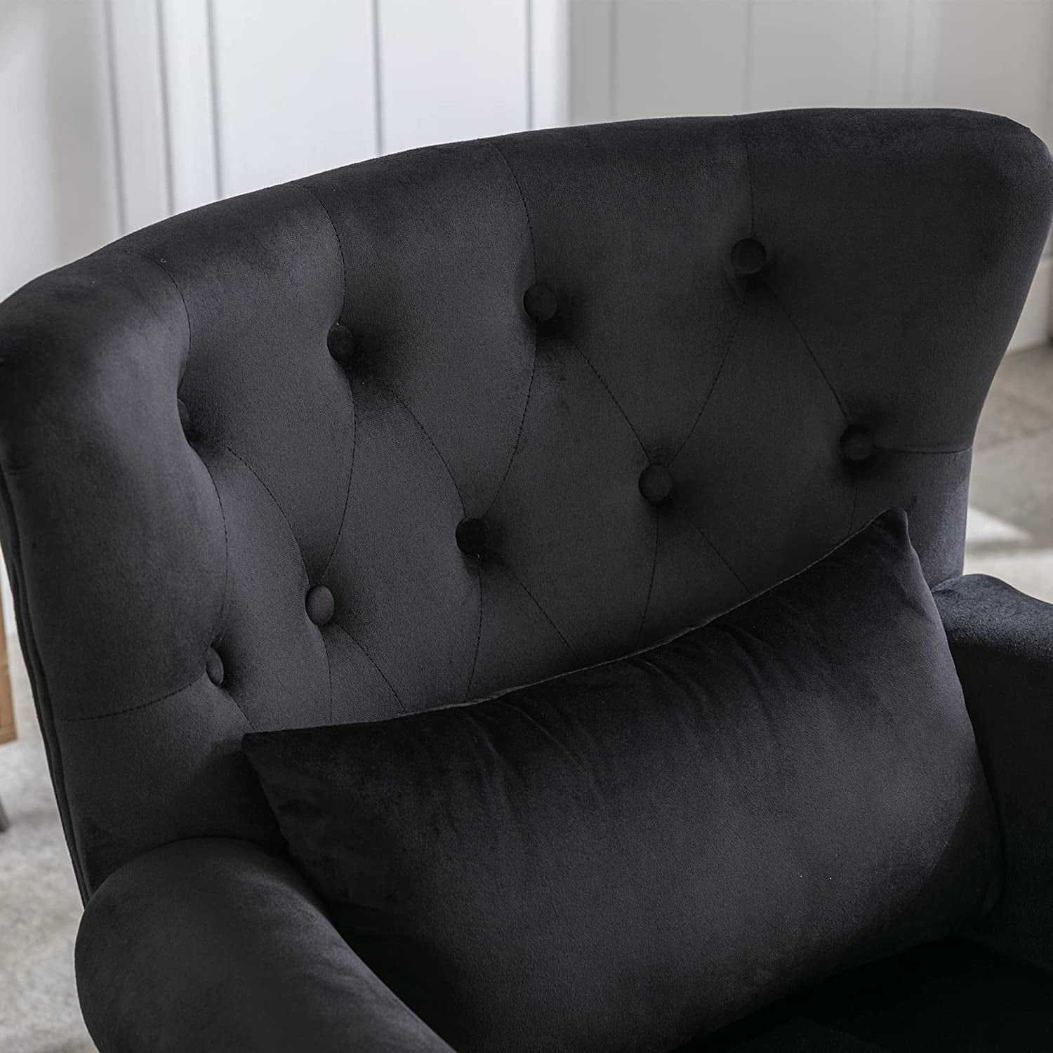 Black Velvet Wingback Chair with Ottoman Set-4
