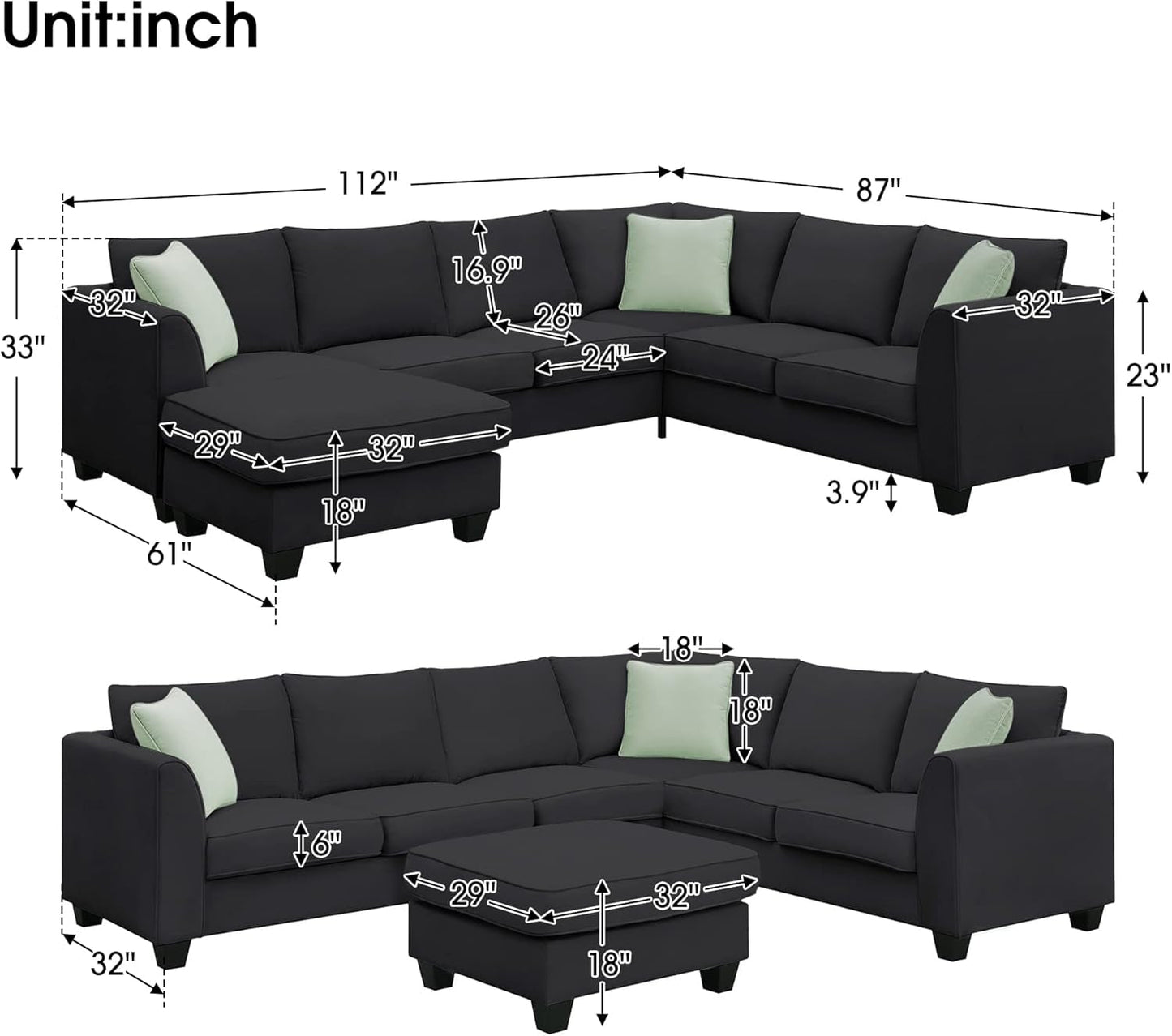 Large U Shaped Sectional Sofa with Removable Ottoman for Living Room, 7 Seats Modular Sofa with Wide Chaise Lounge & 3 Pillows, 112” Fabric Corner Couch Set for Large Space, Black-1