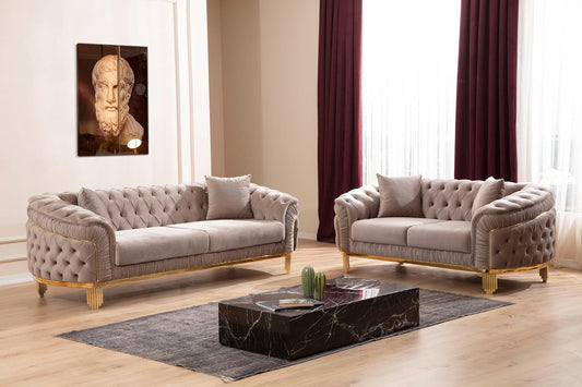 Vanessa Modern Style 2Piece Livingroom Set(Includes Sofa+Loveseat) Made of Wood with Button Tufted Surface in Taupe Color-0