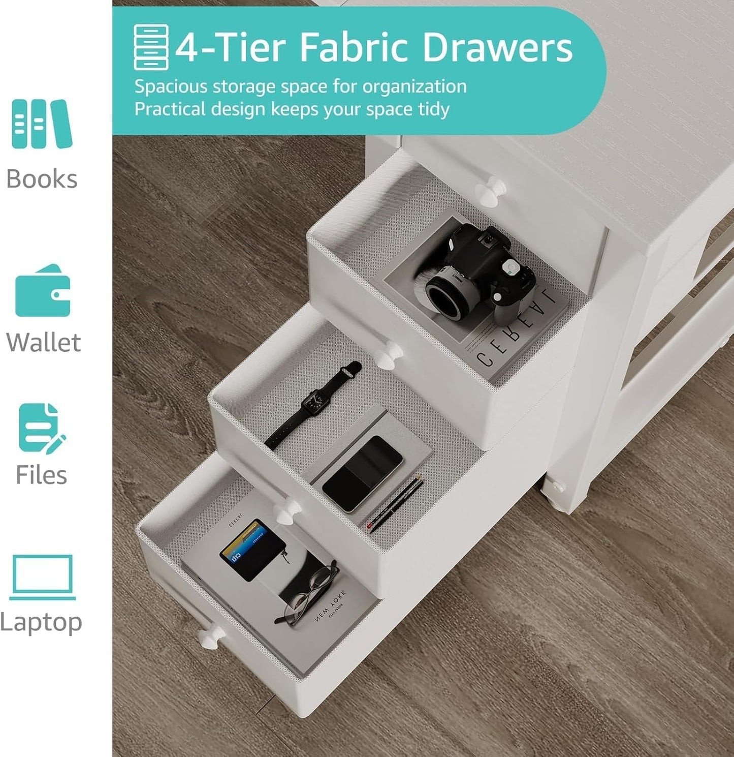 White Computer Desk with Fabric Drawers & Storage Shelves, 55 Inch Study Work Writing Desk for Home Office Bedroom, Simple Modern Cute PC Desks Table, White-4