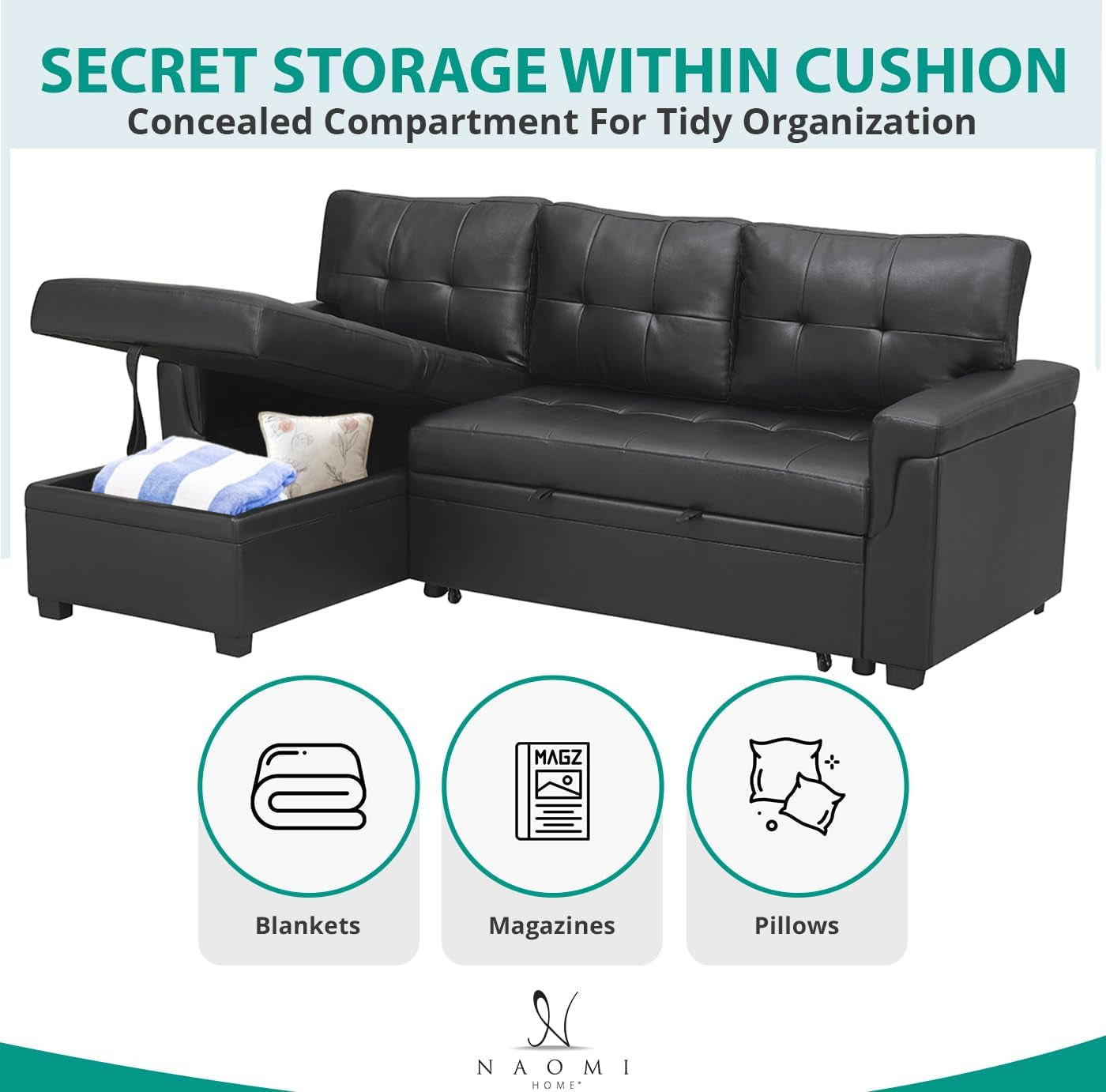 Jenny Sectional Sofa Sleeper with Storage Chaise, Tufted Pull Out Couch with Storage, Sectional Bed, L-Shaped Reversible Sleeper Sofa, Black,Air Leather-4