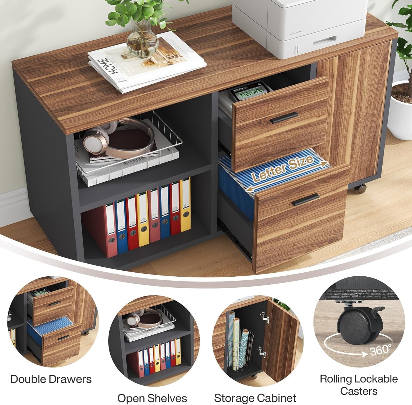 70.8" Large Executive Office Desk and 47" Lateral File Cabinet Combo, L-Shaped Computer Desk 2 Piece Business Furniture with Drawers and Shelves, Home Office Workstation, Walnut-4