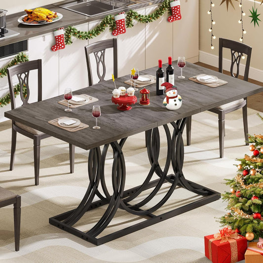 63 Inch Dining Room Table for 4-6 People Rustic Kitchen Table Rectangle Dinner Table with Grey Wooden Tabletop and Black Leg for Home Dining Room Kitchen Apartment Restaurant, Grey-0