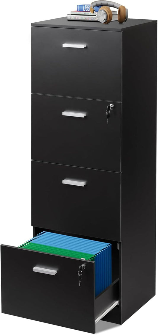 4 Drawer File Cabinet with Lock, Vertical Filing Cabinet for A4/Letter Size Files, Wood Storage Cabinet for Home Office, Black-0