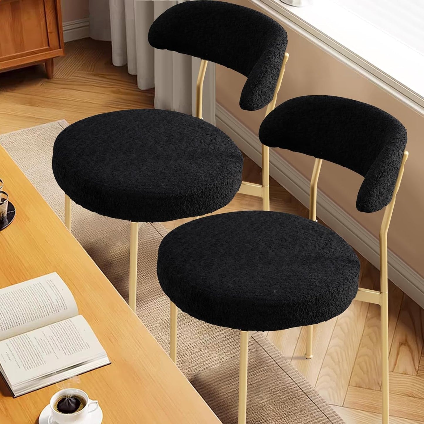 Dining Chairs, Black Boucle Dining Chairs Set of 6, Kitchen Dining Room Chairs Curved Backrest Upholstered Mid Century Modern Dining Chairs with Golden Metal Legs-2