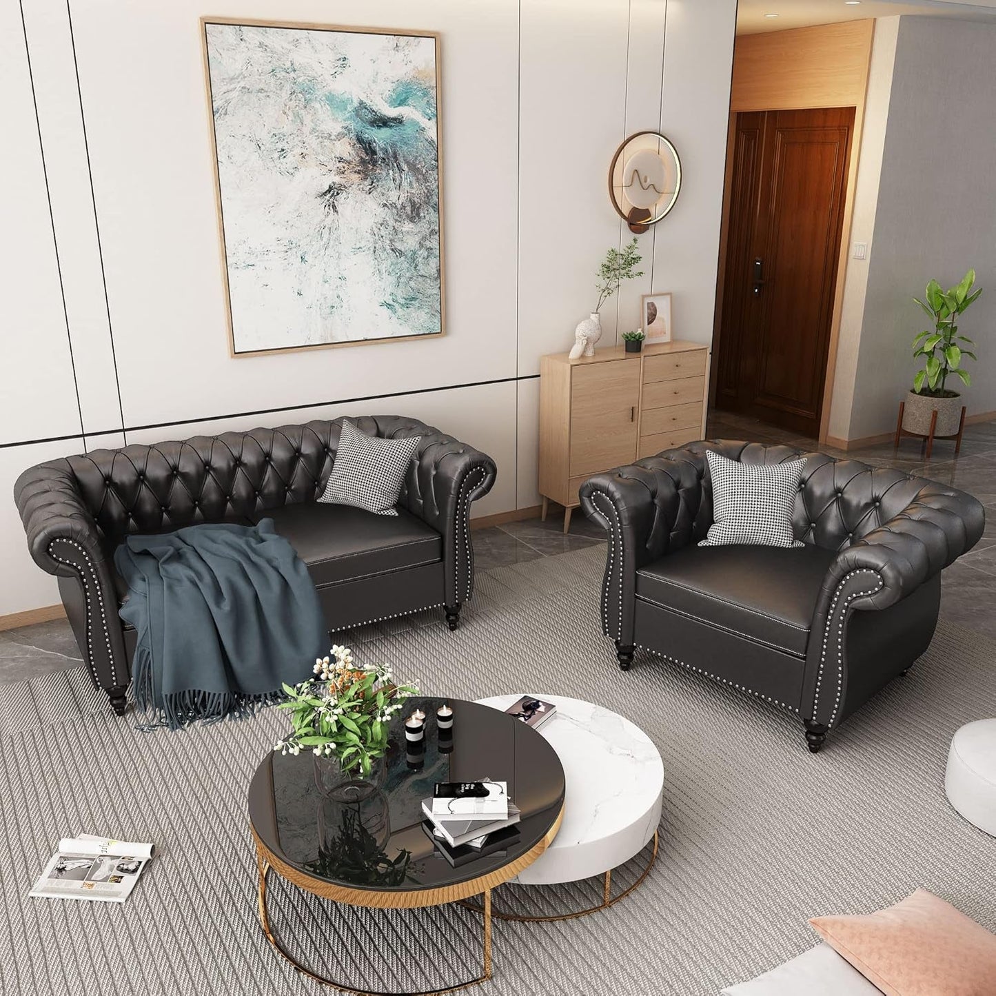 Sectional Modular Sofa Couches, PU Leather Modular Sofa Furniture Set Tufted Cushion Suitable for Small Space Configuration Sofa, Office Meeting Room Couch (PU Black, 1-2)-0