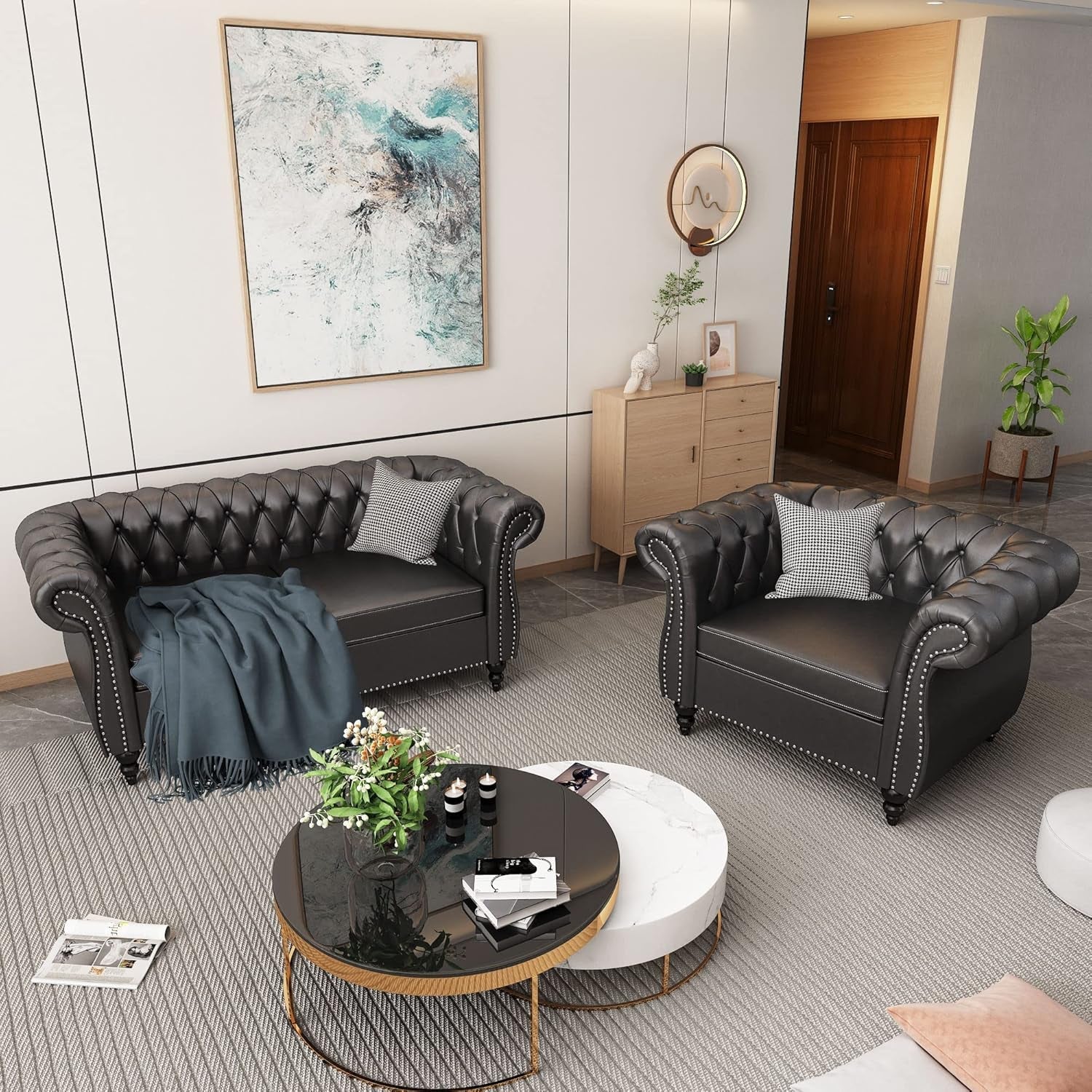 Sectional Modular Sofa Couches, PU Leather Modular Sofa Furniture Set Tufted Cushion Suitable for Small Space Configuration Sofa, Office Meeting Room Couch (PU Black, 1-2)-0