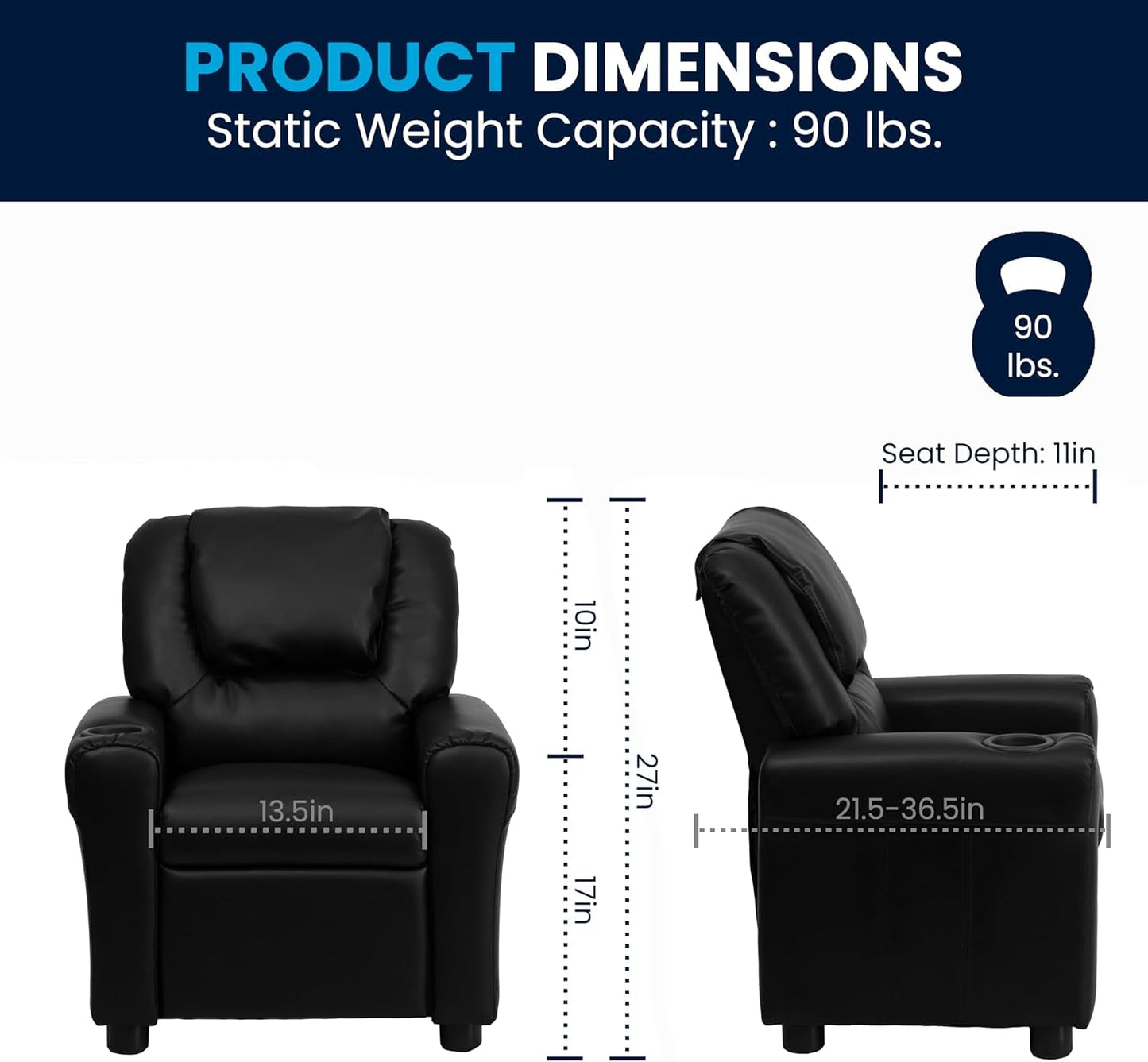 Vana Leathersoft Kids Recliner with Cup Holder, Headrest, and Safety Recline, Contemporary Reclining Chair for Kids, Supports up to 90 Lbs., Black-1