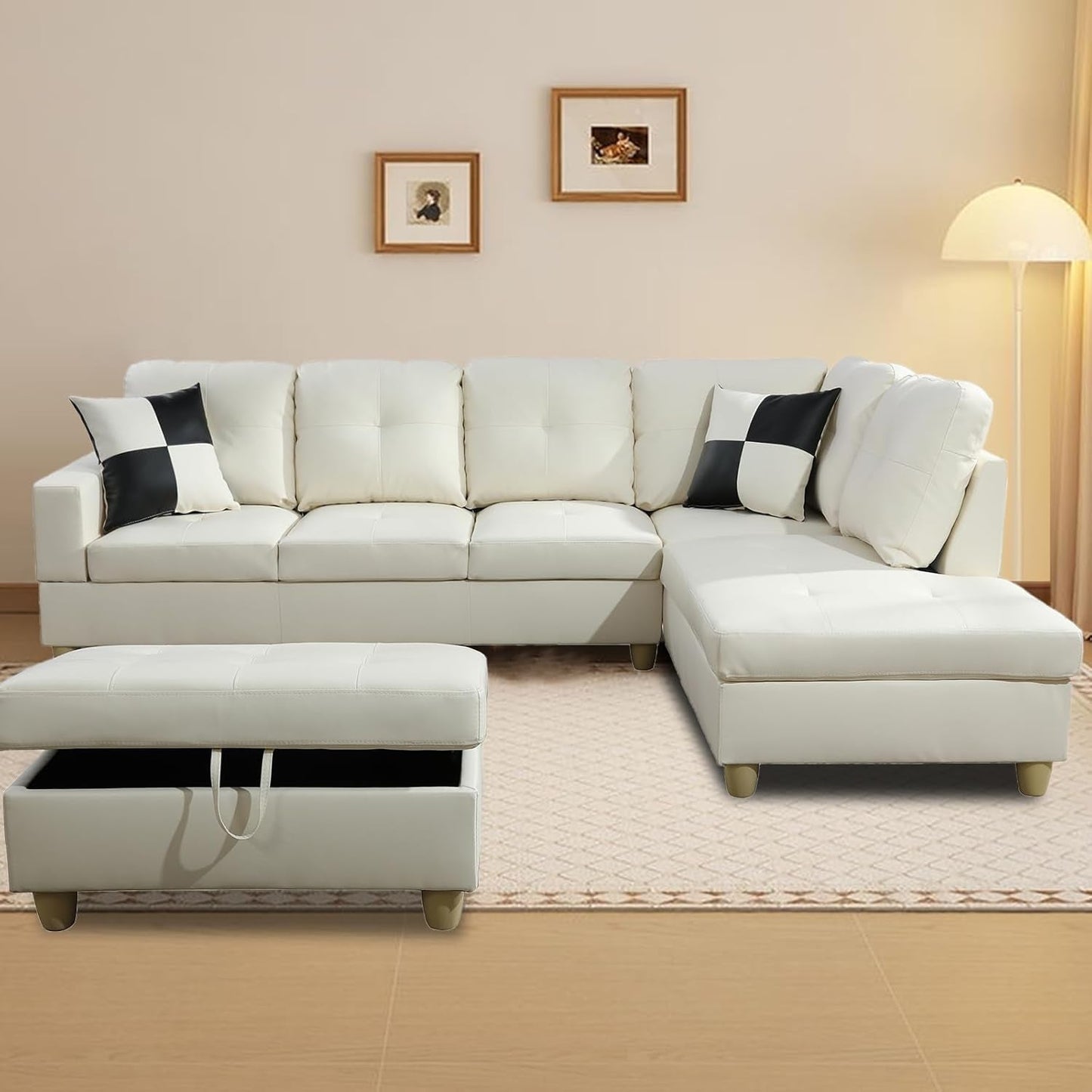 L Shaped Sectional Couch with Storage Ottoman, Modern Nailhead Comfy Lounge Sofa with Reversible Cup Holder & Chaise, 97" 4 Seat Modular Sofá for Living Room Apartment, Amaranth-0