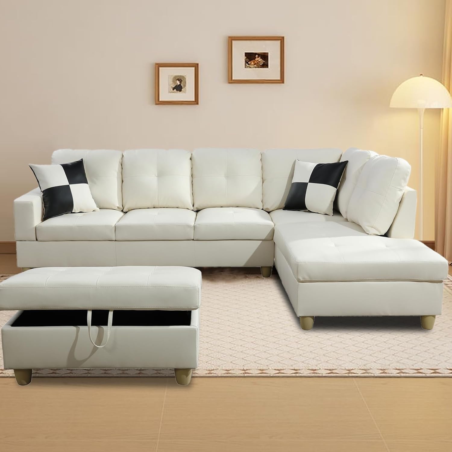L Shaped Sectional Couch with Storage Ottoman, Modern Nailhead Comfy Lounge Sofa with Reversible Cup Holder & Chaise, 97" 4 Seat Modular Sofá for Living Room Apartment, Amaranth-0