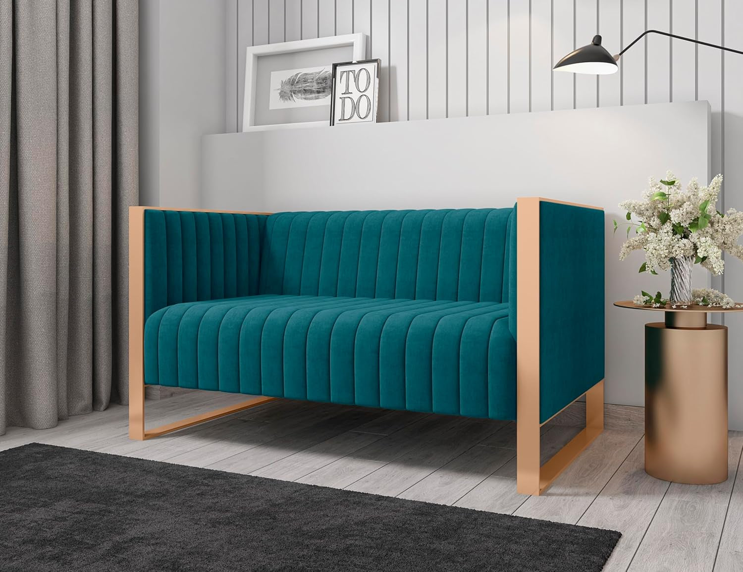 Trillium Velvet 57" Velvet Loveseat for Living Room, High-Density Foam, Vertical Channeling, Gold Stainless Steel Frame, No Assembly Required, Set of 1, Teal-1