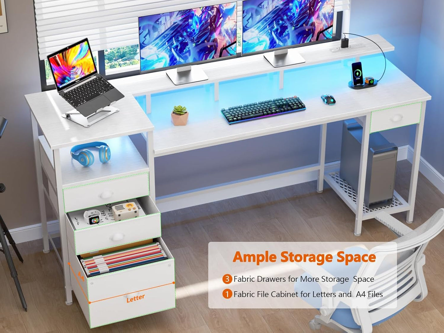 White Computer Desk with 4 Drawers, 60" Long Office Desk with Fabric File Cabinet and Power Outlets, Gaming Desk with LED Lights, Study Writing Work Desk with Shelf for Home Office-4