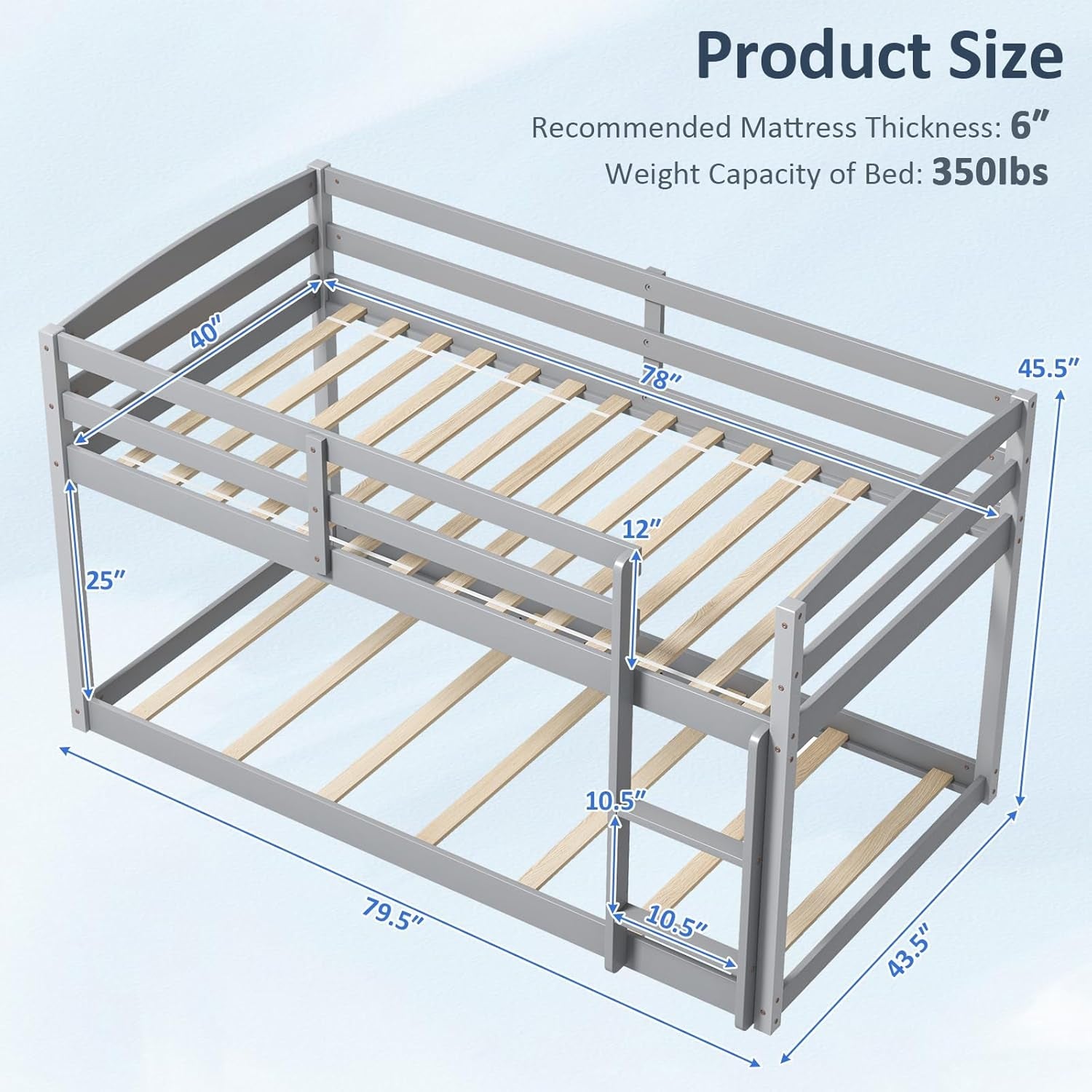 Twin Low Bunk Bed, Solid Wood Twin over Twin Bunk Bed Frame with Full Guardrails & Integrated Ladder, Floor Twin Bunk Beds for Kids Boys and Girls, No Box Spring Needed, Grey-1