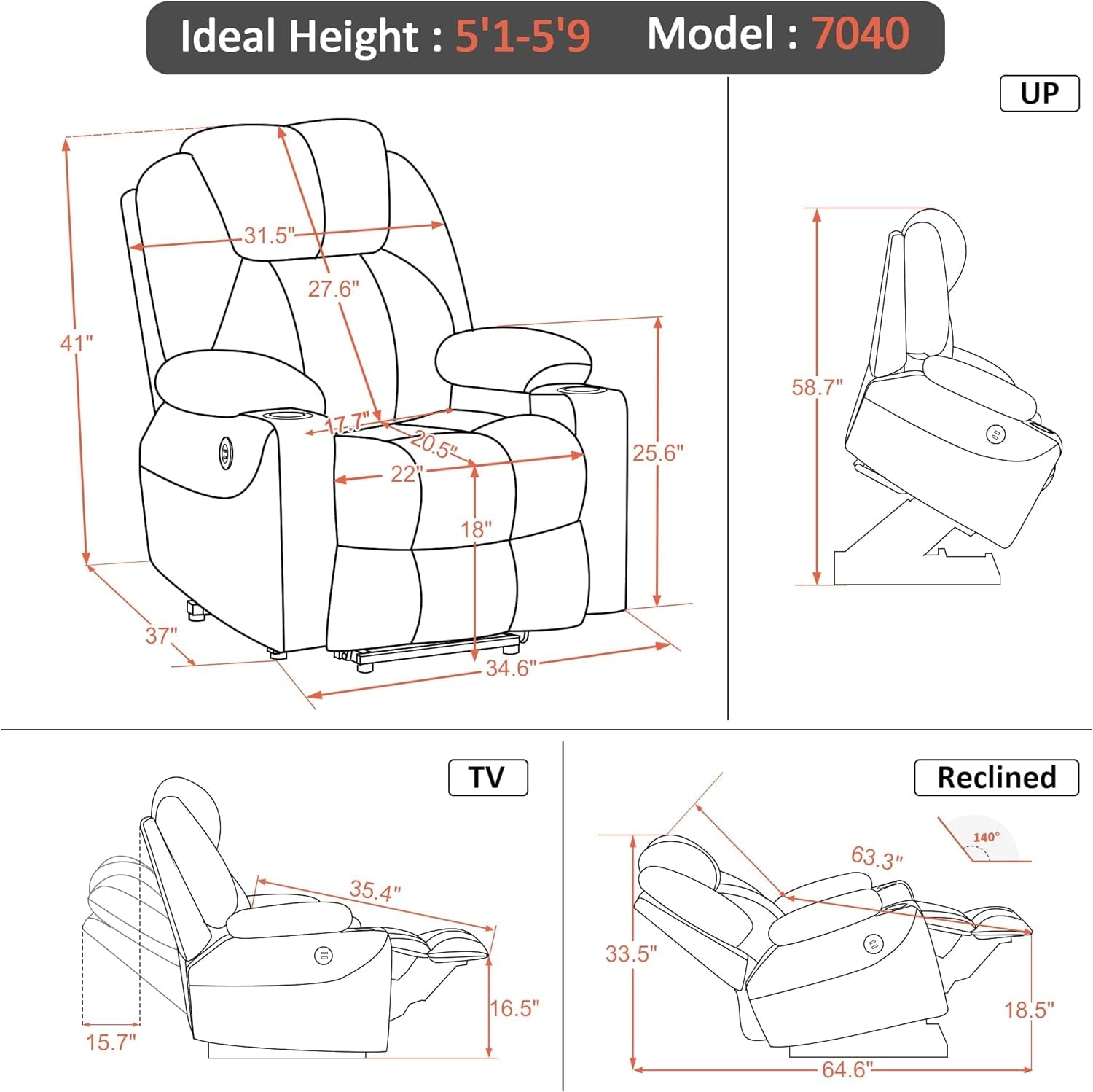 Electric Power Lift Recliner Chair Sofa with Massage and Heat for Elderly, 3 Positions, 2 Side Pockets, and Cup Holders, USB Ports, Faux Leather 7040 (Brown, Medium)-2