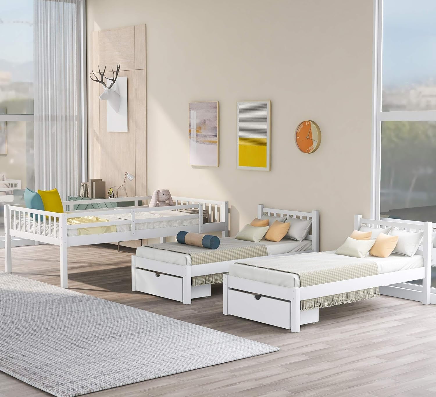 Full over Twin & Twin Bunk Bed, Wood Triple Bunk Bed with Drawers and Guardrails (White)-3