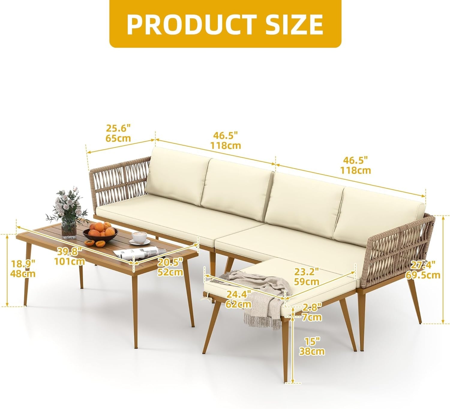 4 Pieces Patio Furniture Set, Sectional L-Shaped Sofa for Patio Backyard Poolside Porch, All-Weather Rattan Woven Conversation Set Detachable Lounger with Side Table & Cushions (Beige)-3