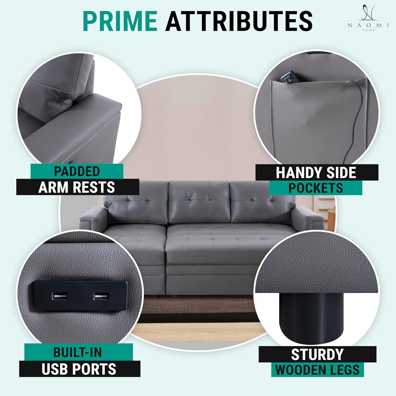 L-Shaped Sectional Sleeper Sofa with USB Ports - Convertible Pull-Out Bed, Ample Storage, Timeless Design, Durable Construction, Gray/Air Leather-2