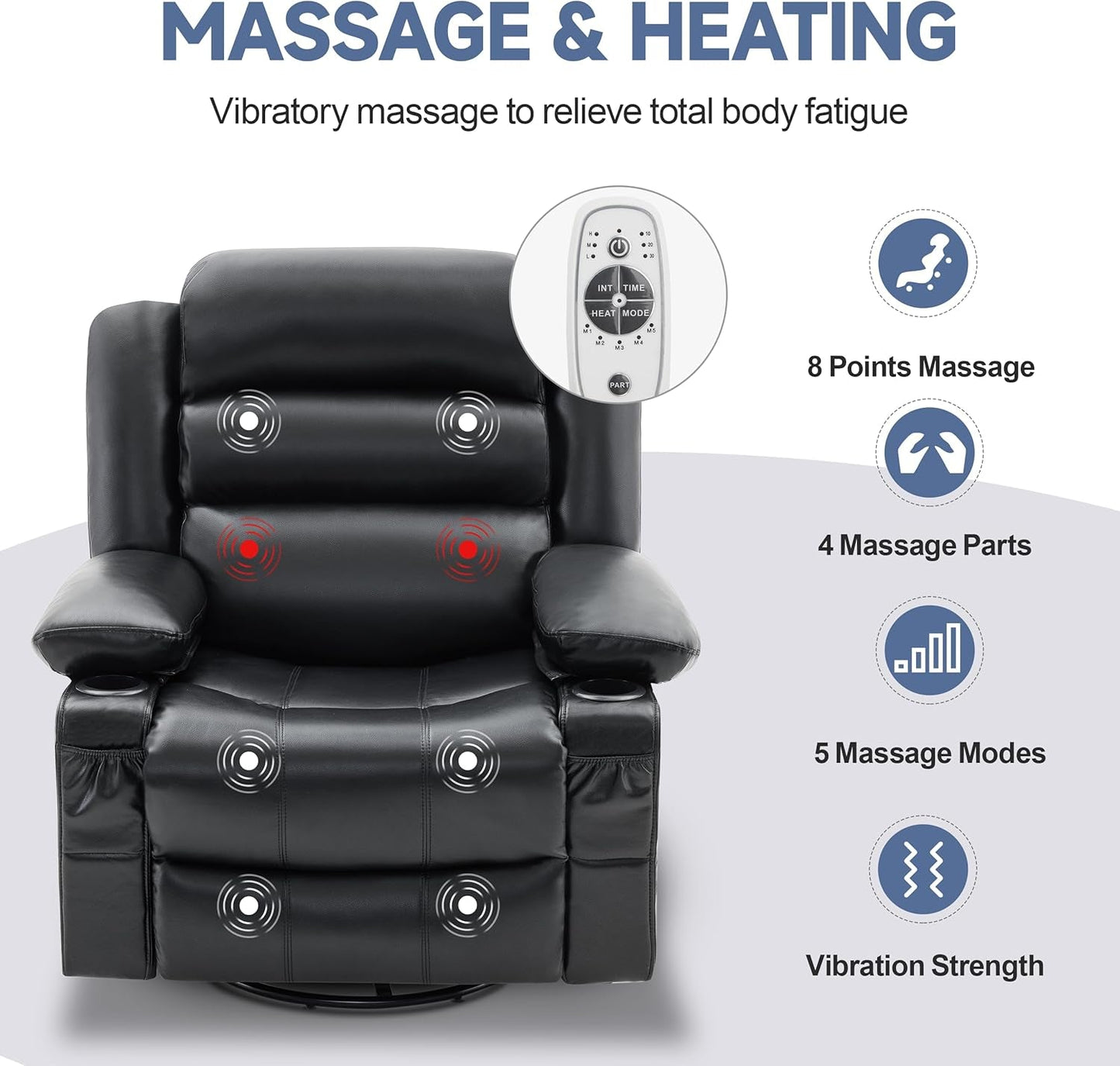 Rocker Recliner Chair with Heat and Massage, 360° Swivel Recliner Chairs for Adults, Oversized Recliner Single Sofa Seat with Cup Holders, Lazy Boy Recliner Single Sofa Seat, Black-3