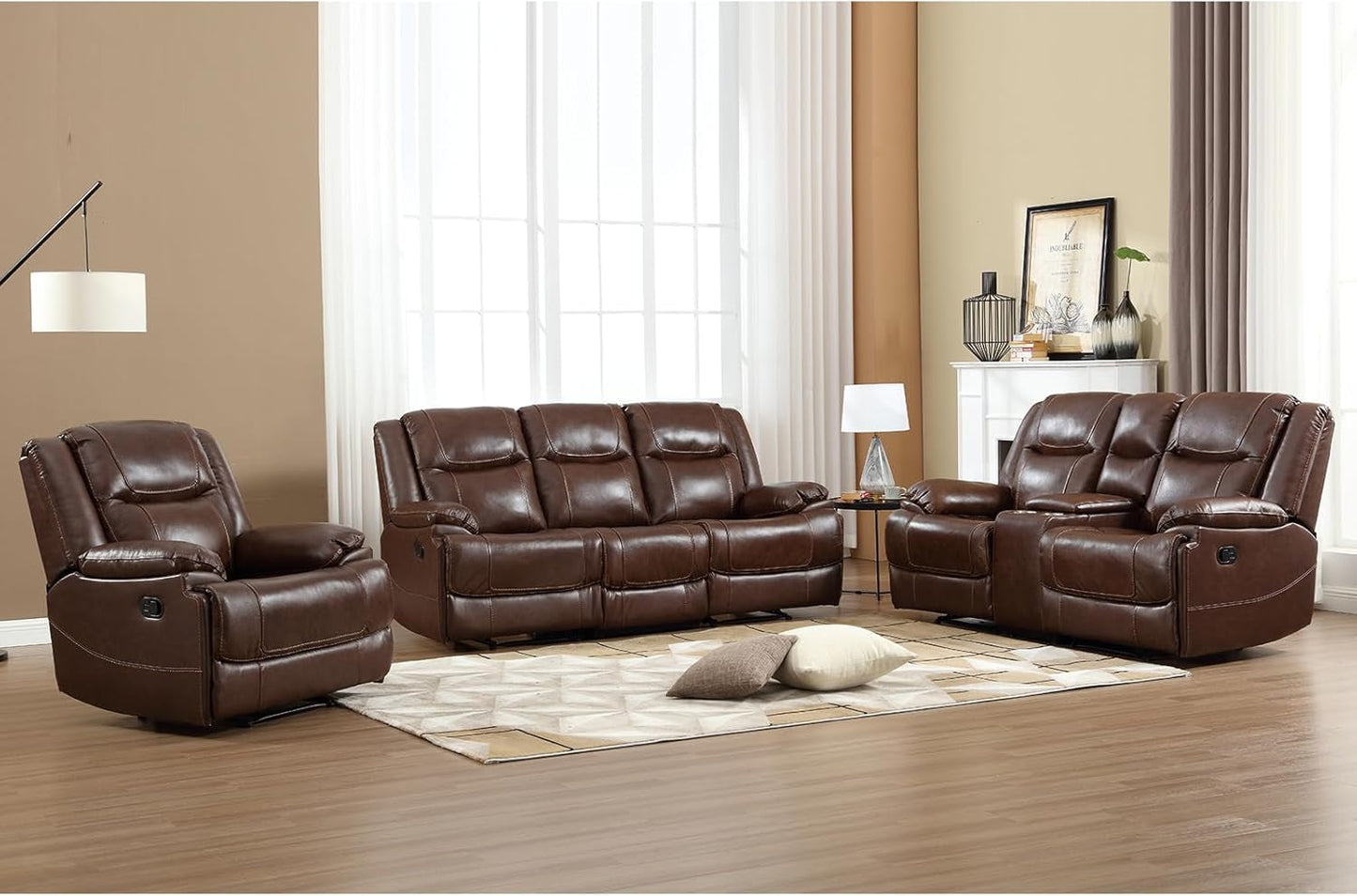 Genuine Leather Manual Recliner Sofa Set, Recliner Chair, Loveseat Reclining Sofa and 3 Seat Recliner Sofa, Couch Furniture Set for Living Room, Meeting Room, Brown(Recliner+Loveseat+Sofa)-0