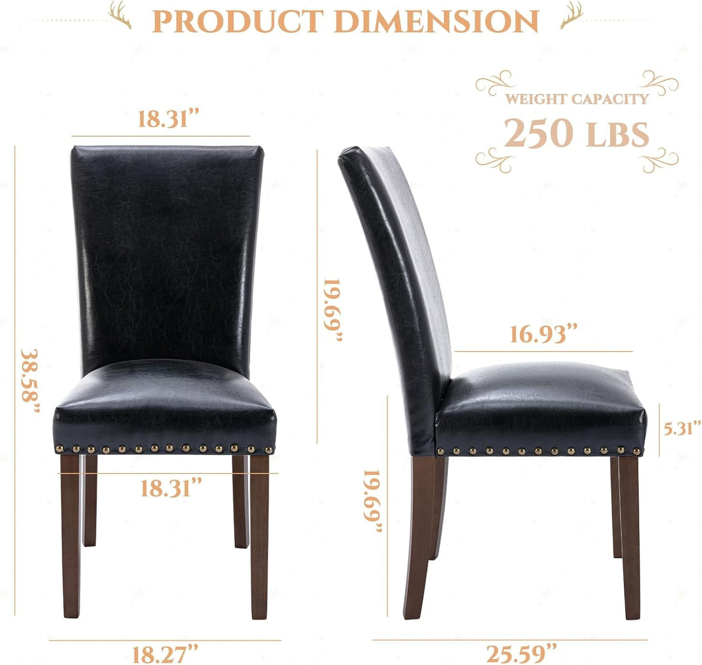 Parsons Dining Chairs Set of 4, Upholstered Nailhead PU Leather Dining Room Kitchen Side Chair with Thick Cushions and Wood Legs, Black-1